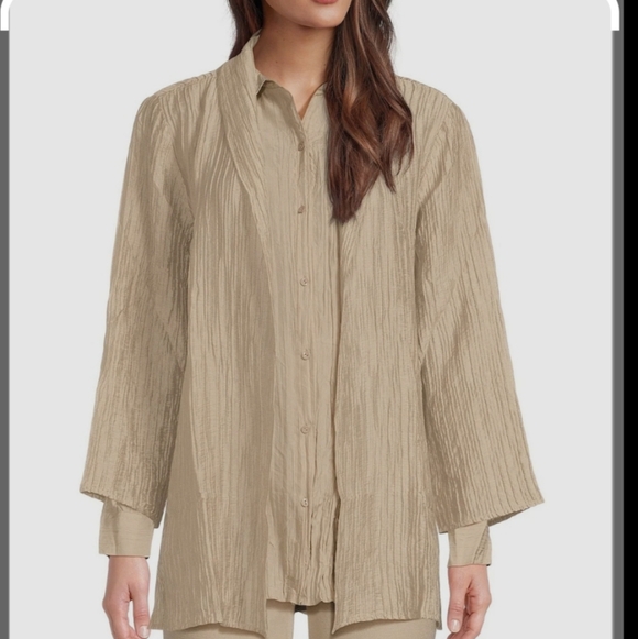 Eileen Fisher Crinkle Shimmer High Collar Open Front Silk Jacket Medium